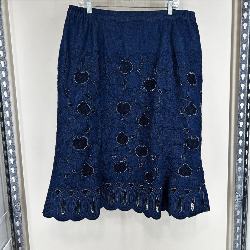 Womens J Song Embroidered A-line Long Denim Skirt with Eyelet Cutouts Size 18